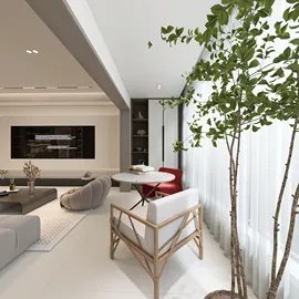 Living room with cozy seating arrangement featuring a round table and plants, designed in a modern style to enhance comfort and aesthetic appeal, utilizing Homestyler's real-time 3D rendering feature.