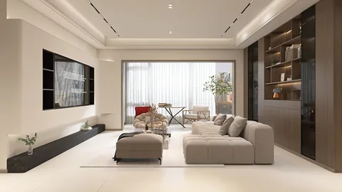 modern living room featuring a cozy sofa arrangement with decorative elements, designed in a minimalist style, showcasing interior decor optimization using Homestyler's real-time 3D rendering.
