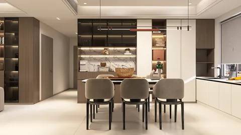 modern dining area featuring a stylish table and chairs with a warm color palette, showcasing interior design trends for open-plan spaces, utilizing Homestyler's real-time 3D rendering for design visualization