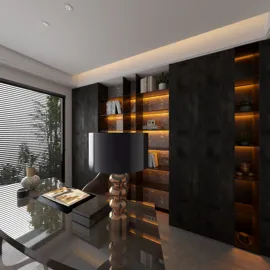 Modern office interior featuring sleek furniture arrangement with ambient lighting, showcasing a stylish workspace design that enhances productivity using Homestyler's real-time 3D rendering feature.