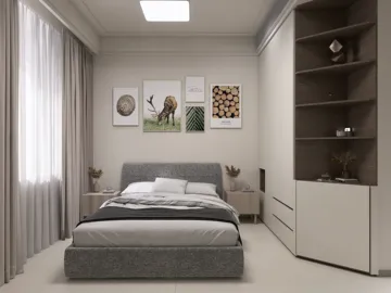modern bedroom design featuring a stylish bed setup with minimalist decor and art on the walls, emphasizing spatial efficiency, utilizing Homestyler's real-time 3D rendering feature.