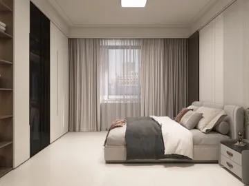 modern bedroom design showcasing a cozy atmosphere with neutral tones and soft textures, featuring smart furniture arrangement for optimal space utilization, highlighting Homestyler's real-time 3D rendering capability.