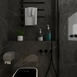 modern bathroom design featuring sleek fixtures and minimalist decor with a focus on space efficiency and functionality; showcasing Homestyler's real-time 3D rendering capability.