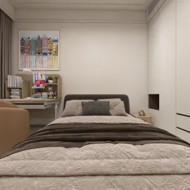 Cozy bedroom with a neatly made bed, featuring an elegant soft color palette and minimalist design, showcasing a modern interior decor style with Homestyler's real-time 3D rendering feature.