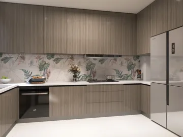 modern kitchen design showcasing a sleek layout with wood cabinetry and floral backsplash, featuring interior decor elements using Homestyler's real-time 3D rendering capability.