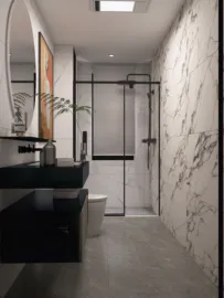 Modern bathroom design featuring a sleek shower area with glass doors, minimalist black vanity, and elegant marble walls, showcasing interior decor ideals with Homestyler's real-time 3D rendering feature.