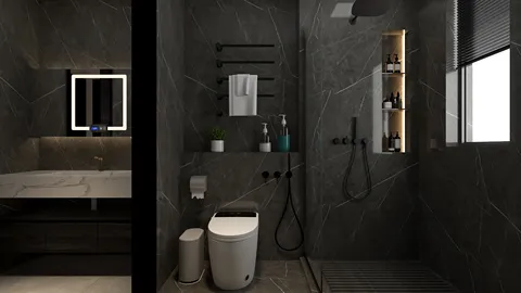 modern bathroom design featuring sleek fixtures and dark stone walls, showcasing an efficient space layout with smart furniture arrangement using Homestyler's real-time 3D rendering feature.