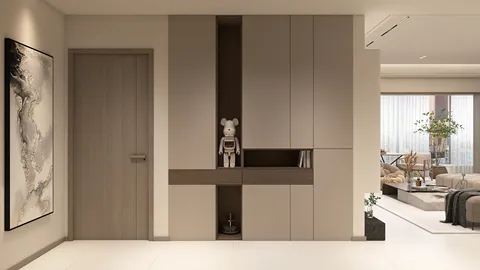 minimalist hallway design featuring modern cabinetry and decorative accents utilizing Homestyler's real-time 3D rendering for effective space visualization.