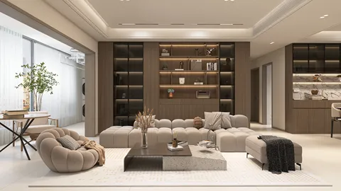 Modern living room featuring a cozy sectional sofa, styled with minimalist decor and natural elements, enhancing the space's comfort and elegance; designed using Homestyler's real-time 3D rendering feature for an immersive design preview.