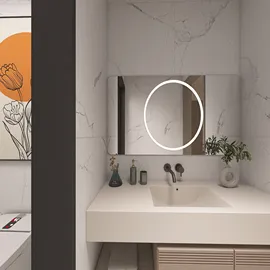 modern bathroom vanity with marble walls featuring a large mirror and round LED lighting, showcasing a sleek interior design for a relaxing space, utilizing Homestyler's real-time 3D rendering feature.