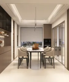 modern dining area featuring a long dining table with chairs, enhancing space efficiency with smart furniture arrangement, showcasing elegant interior decor style, utilizing Homestyler's real-time 3D rendering for design previews.