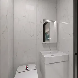 modern bathroom design featuring a sleek toilet and washbasin with a minimalist marble finish, optimizing small spaces with Homestyler's real-time 3D rendering feature.