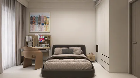 Cozy bedroom with modern furniture arrangement showcasing a minimalist design style, featuring smart furniture layout from Homestyler for optimal space utilization.