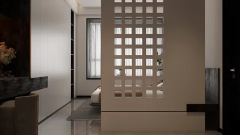 A modern living space with a decorative partition showcasing a grid design that separates the room from a cozy bedroom area, featuring sleek white walls and polished floors, illustrating an interior design concept optimized for small space functionality with real-time 3D rendering capabilities.