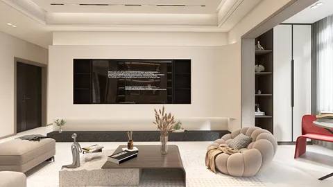 modern living room with a cozy sofa and coffee table arranging in a neutral palette with ample natural light showcasing an interior design concept optimized using Homestyler's real-time 3D rendering feature.