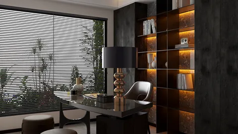 modern office workspace with stylish desk and lamp featuring smart furniture arrangement for small space optimization using Homestyler's 3D rendering feature