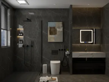 modern bathroom design featuring a sleek shower area and contemporary fixtures with dark marble accents, showcasing Homestyler's real-time 3D rendering capability for effective space visualization