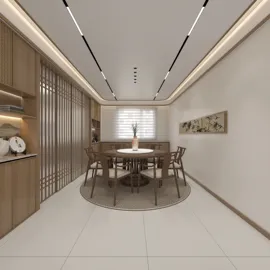 modern dining room design featuring wooden furniture arrangement in a cozy space with ambient lighting, showcasing Homestyler's real-time 3D rendering functionality for effective design visualization.
