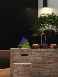 kitchen island with stone texture displaying colorful bowls and fresh produce in a modern design style creating a welcoming culinary space, featuring Homestyler's smart furniture arrangement function.