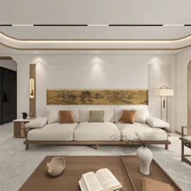 modern living room design featuring a minimalist sofa and artistic wall decor, showcasing a serene ambiance with neutral colors and natural materials, utilizing Homestyler's real-time 3D rendering feature.