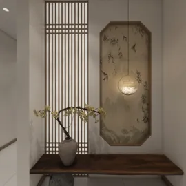 a serene entrance area featuring a wooden console table adorned with a decorative vase and an elegant branch, showcasing an intricate wall art piece, designed in a modern minimalist style, emphasizing interior decor with a focus on calming aesthetics, utilizing Homestyler's real-time 3D rendering feature.