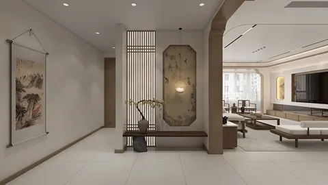 modern hallway featuring a wooden bench and decorative elements, showcasing interior design with a minimalist style in an open living space; integrating Homestyler's real-time 3D rendering for design visualization.