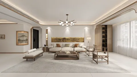 modern living room design featuring a cozy sofa arrangement with wooden accents, showcasing an elegant decor style that maximizes space efficiency using Homestyler's real-time 3D rendering feature.