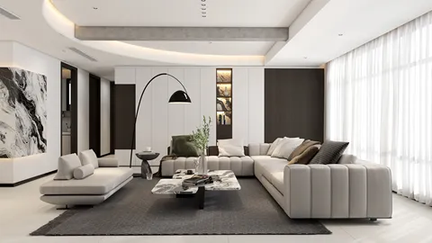 modern living room design showcasing a stylish sectional sofa arrangement with sleek furniture in a neutral color palette, utilizing Homestyler's real-time 3D rendering for enhanced visualization.