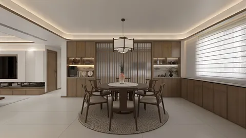 wooden dining table arrangement showcasing modern rustic style with a cozy ambiance in an elegant dining area, utilizing Homestyler's real-time 3D rendering feature for a detailed design preview.