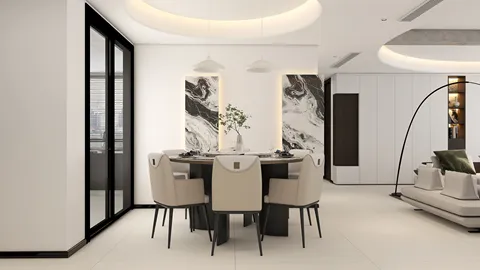 Dining area featuring a modern table layout with beige chairs, designed for contemporary elegance, showcasing interior decor with a focus on optimizing space through smart furniture arrangement using Homestyler's real-time 3D rendering capabilities.