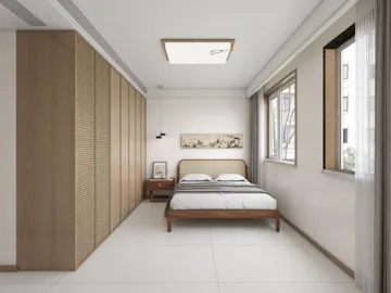 Bedroom with wooden wardrobe and bed design, showcasing a minimalist style for interior decor in a cozy space, featuring Homestyler's real-time 3D rendering functionality.