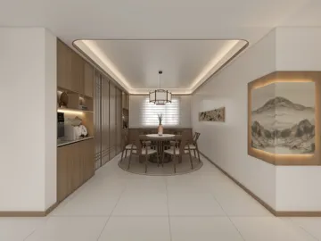 modern kitchen design featuring a dining area with wooden cabinets and circular table, showcasing minimalist style and open space value, utilizing Homestyler's real-time 3D rendering for design proposals.