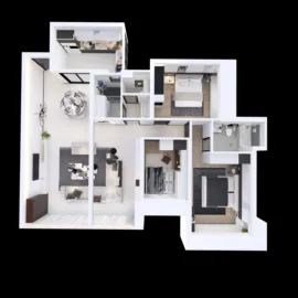 3D floor plan visualization showcasing an optimized space layout with modern design elements, highlighting Homestyler's automated floor plan generation feature.