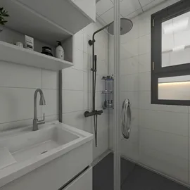 modern bathroom featuring a sleek shower and minimalist sink design, showcasing a clean and bright aesthetic, emphasizing space optimization with Homestyler's real-time 3D rendering capability.