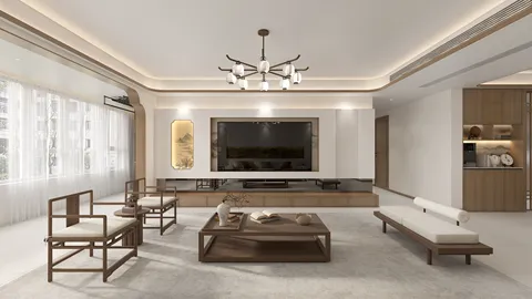 modern living room featuring a spacious layout with wooden furniture arrangement, showcasing a contemporary design style that emphasizes comfort and elegance; highlighting Homestyler's real-time 3D rendering capability for effective design proposal visualization.