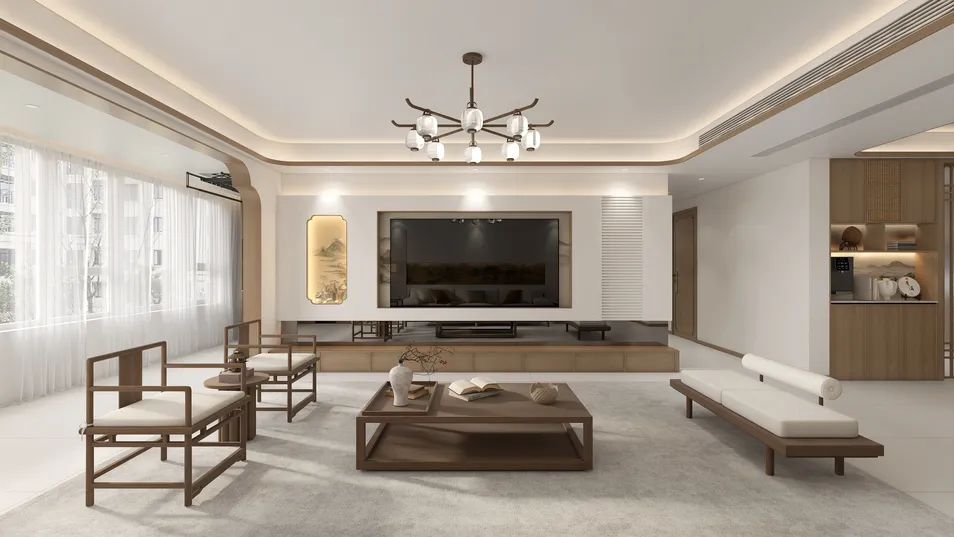 modern living room featuring a spacious layout with wooden furniture arrangement, showcasing a contemporary design style that emphasizes comfort and elegance; highlighting Homestyler's real-time 3D rendering capability for effective design proposal visualization.