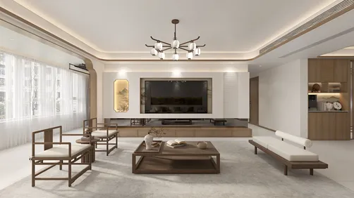 modern living room featuring a spacious layout with wooden furniture arrangement, showcasing a contemporary design style that emphasizes comfort and elegance; highlighting Homestyler's real-time 3D rendering capability for effective design proposal visualization.