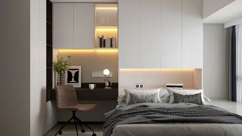 modern bedroom design featuring a cozy workspace with a stylish desk, neutral tones, and ambient lighting, showcasing interior decor optimization using Homestyler's real-time 3D rendering for accurate design previews.