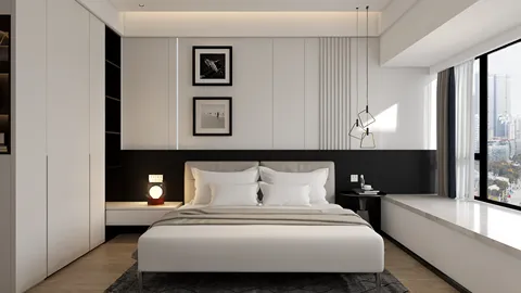 modern bedroom design showcasing a minimalist style with 3D visualization, featuring a cozy bed, elegant decor elements, and a spacious layout, highlighting Homestyler's real-time 3D rendering capability.