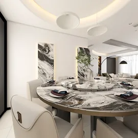 Stylish dining room featuring a marble dining table with elegant table settings in a contemporary design, enhancing dining experiences with Homestyler's real-time 3D rendering.