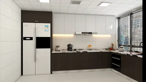 modern kitchen design showcasing a sleek layout with integrated appliances, designed for optimal space efficiency using Homestyler's real-time 3D rendering feature.