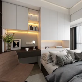 modern bedroom interior design featuring a cozy bed and stylish workspace with integrated shelving, utilizing Homestyler's real-time 3D rendering for a quick design preview.