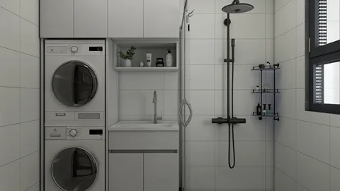 modern laundry room design featuring a washer and dryer combo, optimizing space with functional layout, incorporating smart furniture arrangement for efficient usage, showcasing Homestyler's real-time 3D rendering capabilities.
