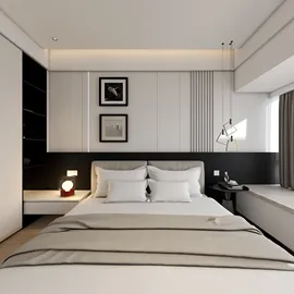 modern bedroom design featuring a stylish bed and minimalist decor, utilizing Homestyler's real-time 3D rendering for an effective renovation preview.
