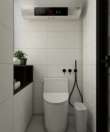 modern toilet design featuring sleek white fixtures and minimalistic decor in a small bathroom space, utilizing Homestyler's real-time 3D rendering for instant visualization.