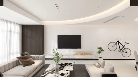 modern living room with minimalist furniture arrangement and elegant decor emphasizing open space and natural light, featuring real-time 3D rendering capability of Homestyler