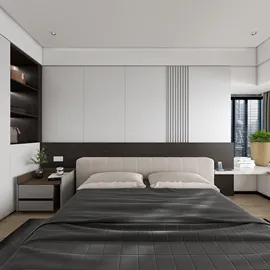 bedroom interior design featuring a modern bed layout with a neutral color scheme and minimalist style; showcases the Homestyler's real-time 3D rendering feature for effective design proposals.
