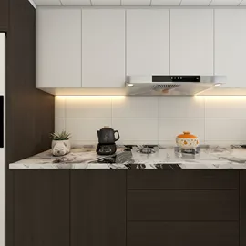 modern kitchen showcasing a stylish marble countertop and sleek cabinetry, enhancing interior decor with a focus on contemporary design, utilizing Homestyler's real-time 3D rendering feature.