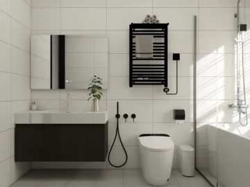 modern bathroom design featuring a sleek vanity, wall-mounted mirror, and stylish towel warmer; emphasizes minimalism and functionality, showcasing interior decor with a focus on space optimization using Homestyler's real-time 3D rendering feature.