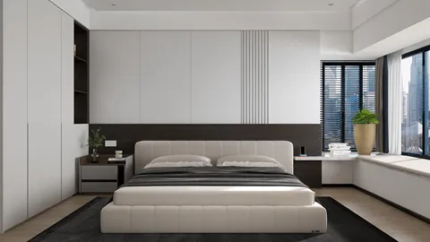 modern minimalist bedroom design featuring a sleek platform bed with neutral tones and a cozy atmosphere, utilizing Homestyler's real-time 3D rendering for effective interior decor planning.